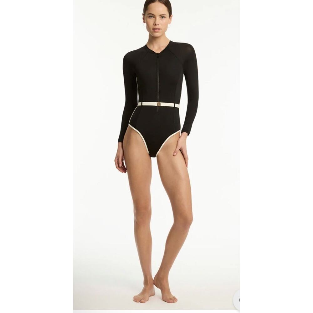 INDIA HICKS x SEA LEVEL Bound One Piece Black Long Sleeve Surf Swim L $275 MSRP